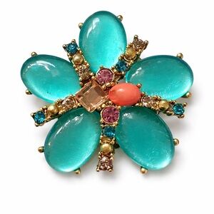 Vintage Aqua Cabochon Flower Brooch – Rhinestone & Coral Accent